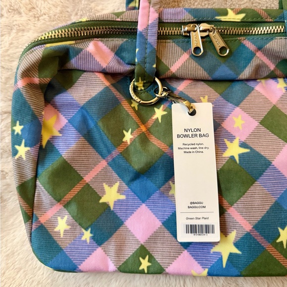NWT BAGGU Nylon Bowler Bag Green Star Plaid - Picture 11 of 11